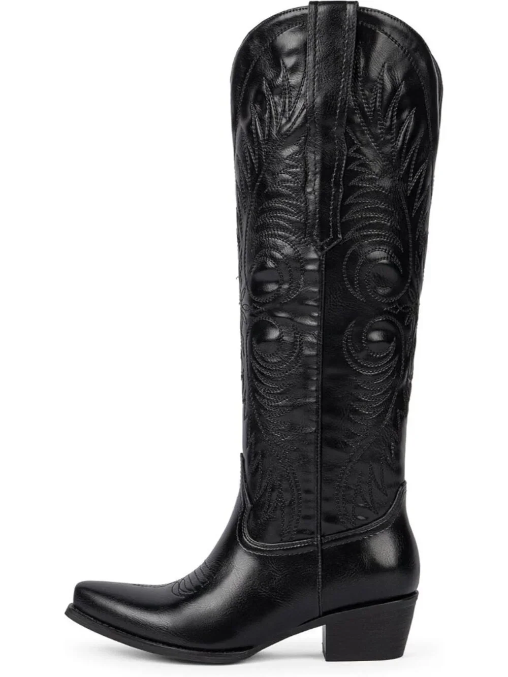 Women's Black Embroidered Western Pointed Toe Side Zipper Knee High Cowgirl Boot